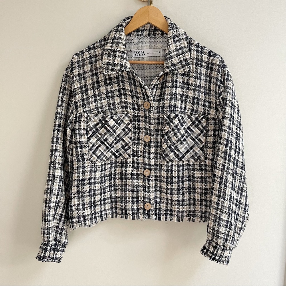Tweed Fringe Cropped Button Front Jacket Navy Tan White M